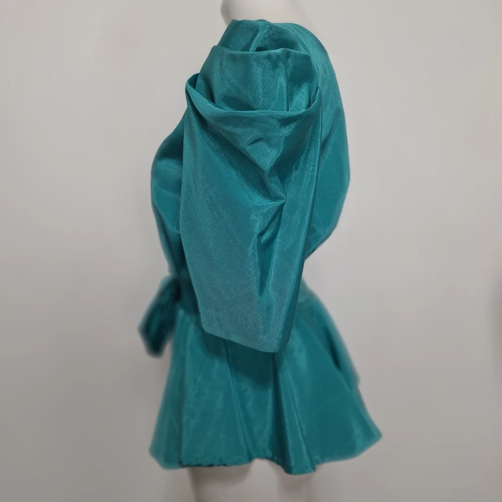 Watters & Watters Green Victorian Puff Sleeves Front Bow Peplum Top Size 14 - Picture 11 of 14